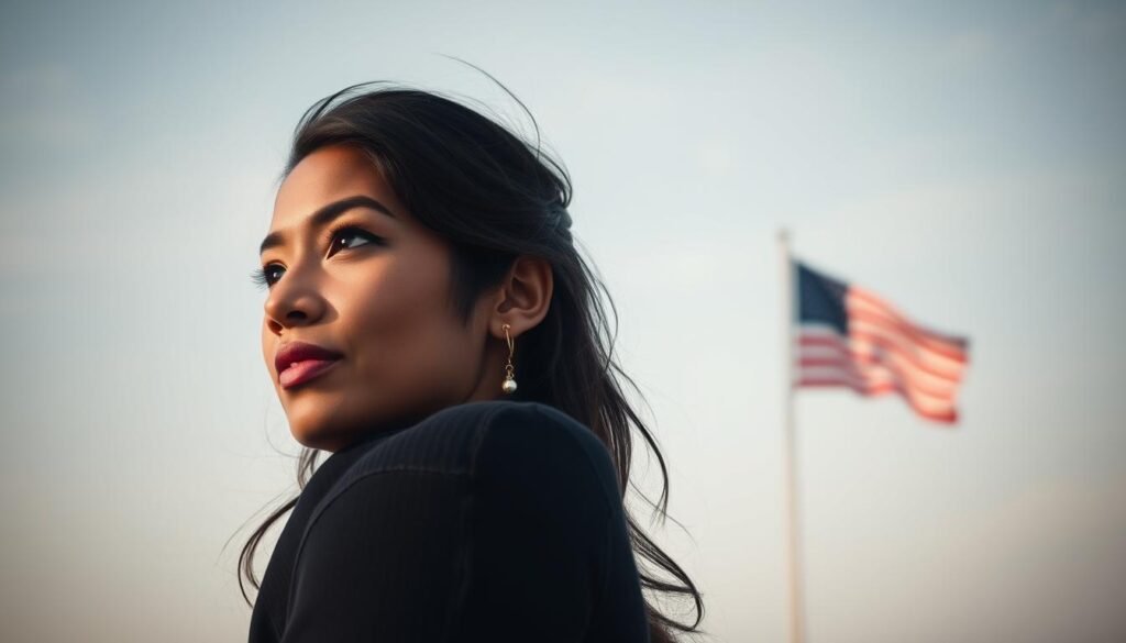Woman contemplating future with American flag in background
