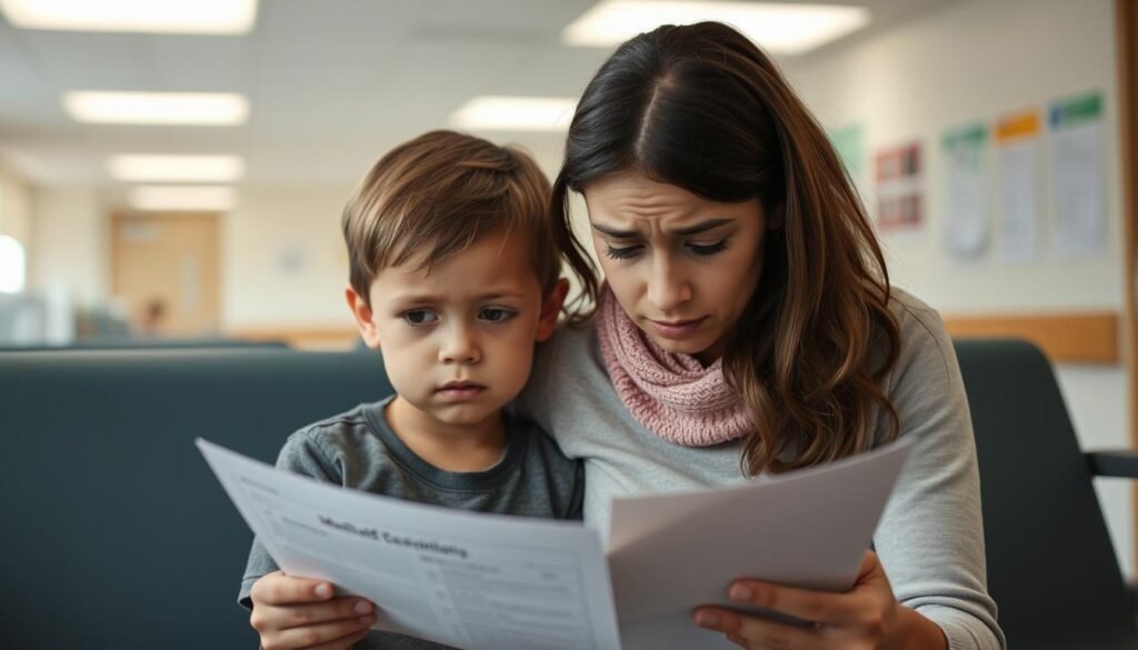 Woman with child at healthcare facility concerned about Medicaid changes