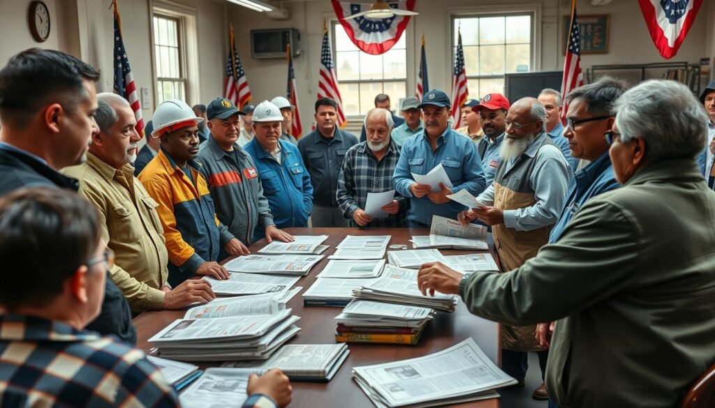 Workers from different industries discussing the Big Beautiful Bill's potential impacts
