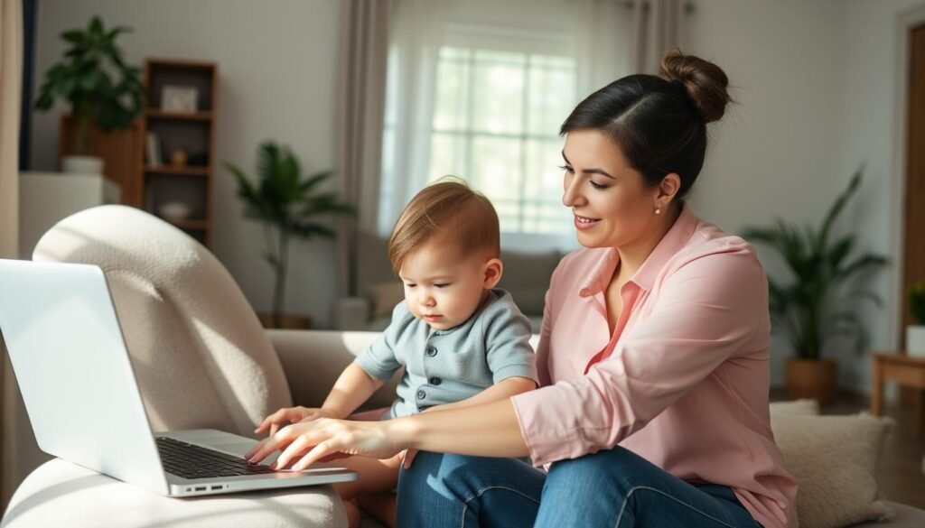 Working mother balancing laptop and child care representing workforce challenges