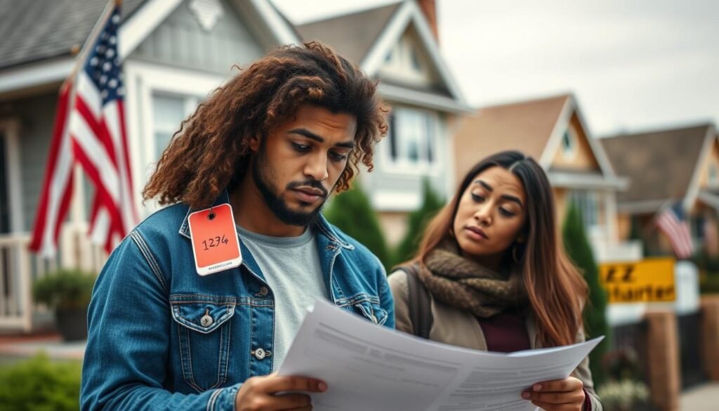 Young couple looking at houses with price tags showing Trump's Big Beautiful Bill Real Estate Market Impact on affordability