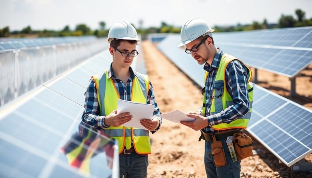 Young engineers examining solar panels affected by Trump's Big Beautiful Bill changes