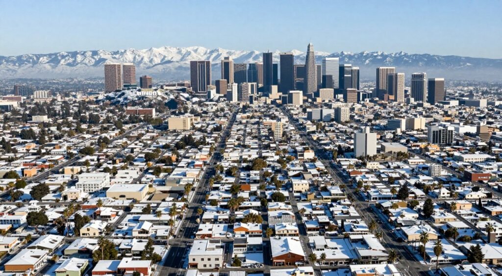 Aerial view of Los Angeles covered in snow during the January 2026 Historic Snowstorm