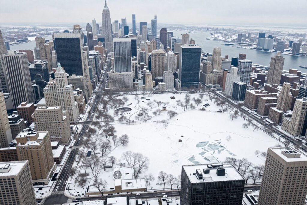 Aerial view of New York City completely shut down during the January 2026 Historic Snowstorm