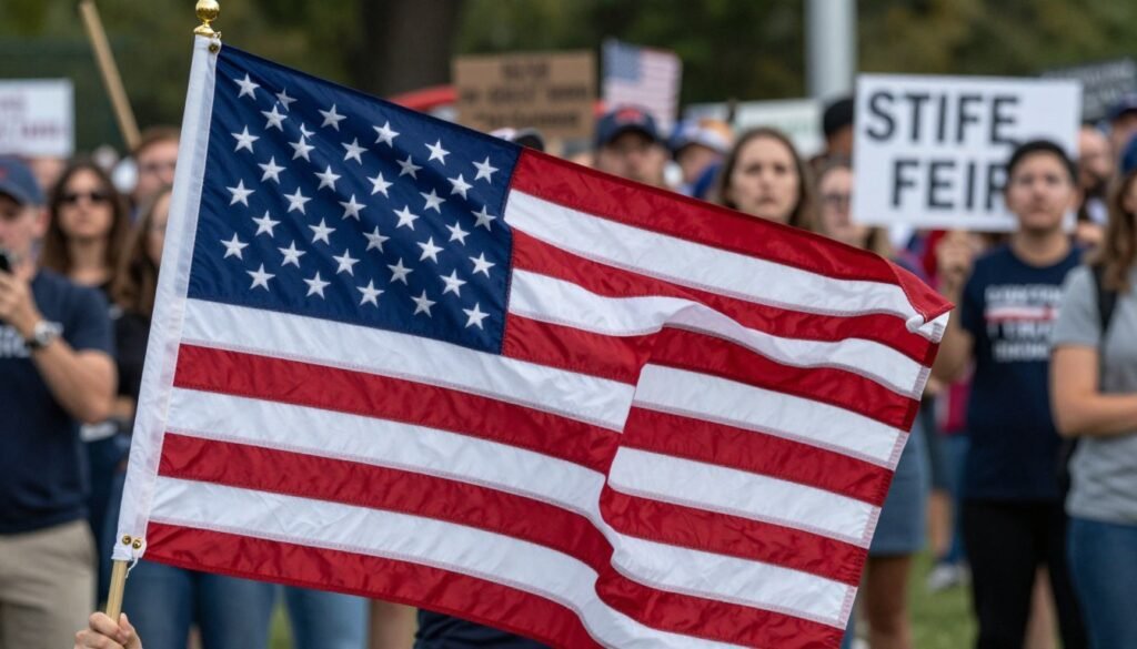 American flag with divided crowd of supporters and protesters in background