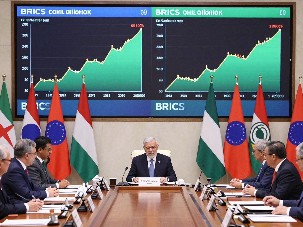 BRICS summit meeting with financial charts showing increasing gold reserves among member nations