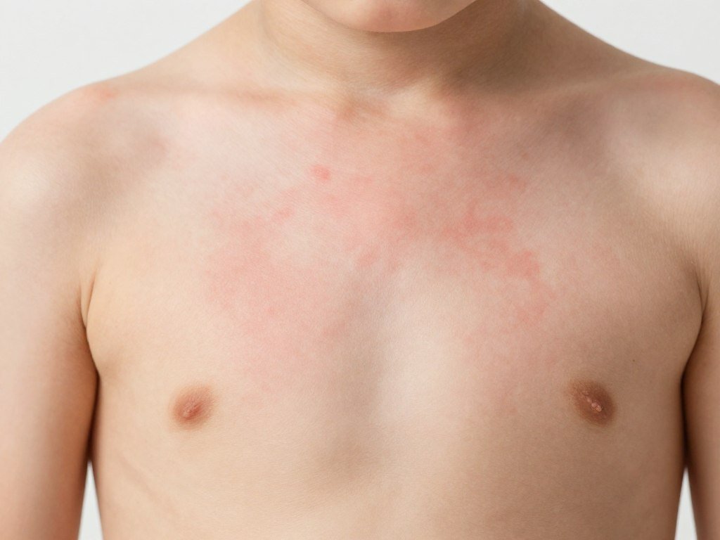 Child with measles rash showing the characteristic red spots covering face and body