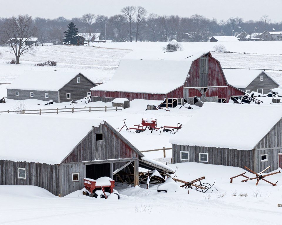Collapsed farm structures in Iowa under extreme snow loads during the January 2026 Historic Snowstorm