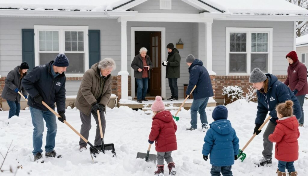 Community volunteers helping elderly residents dig out after the January 2026 Historic Snowstorm