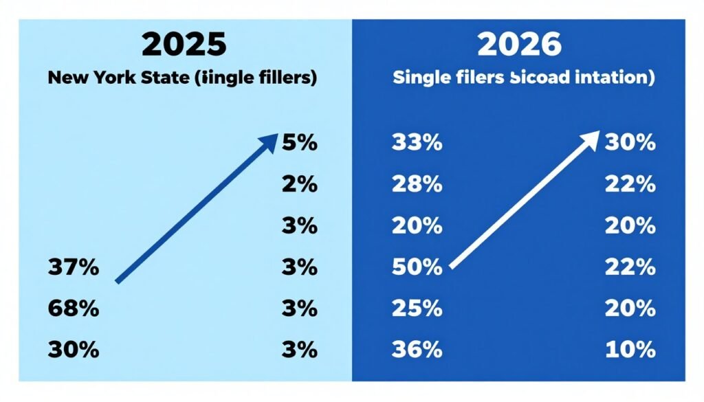 Comparison chart of New York State tax brackets 2025 vs 2026 showing inflation adjustments