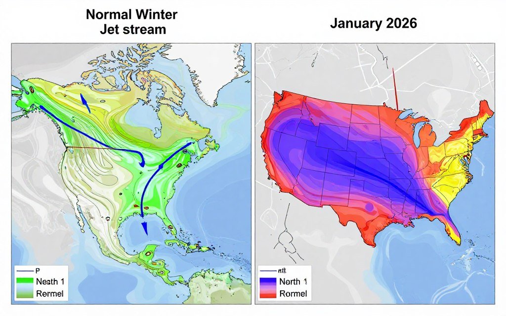 Comparison of normal jet stream pattern versus the January 2026 Historic Snowstorm pattern