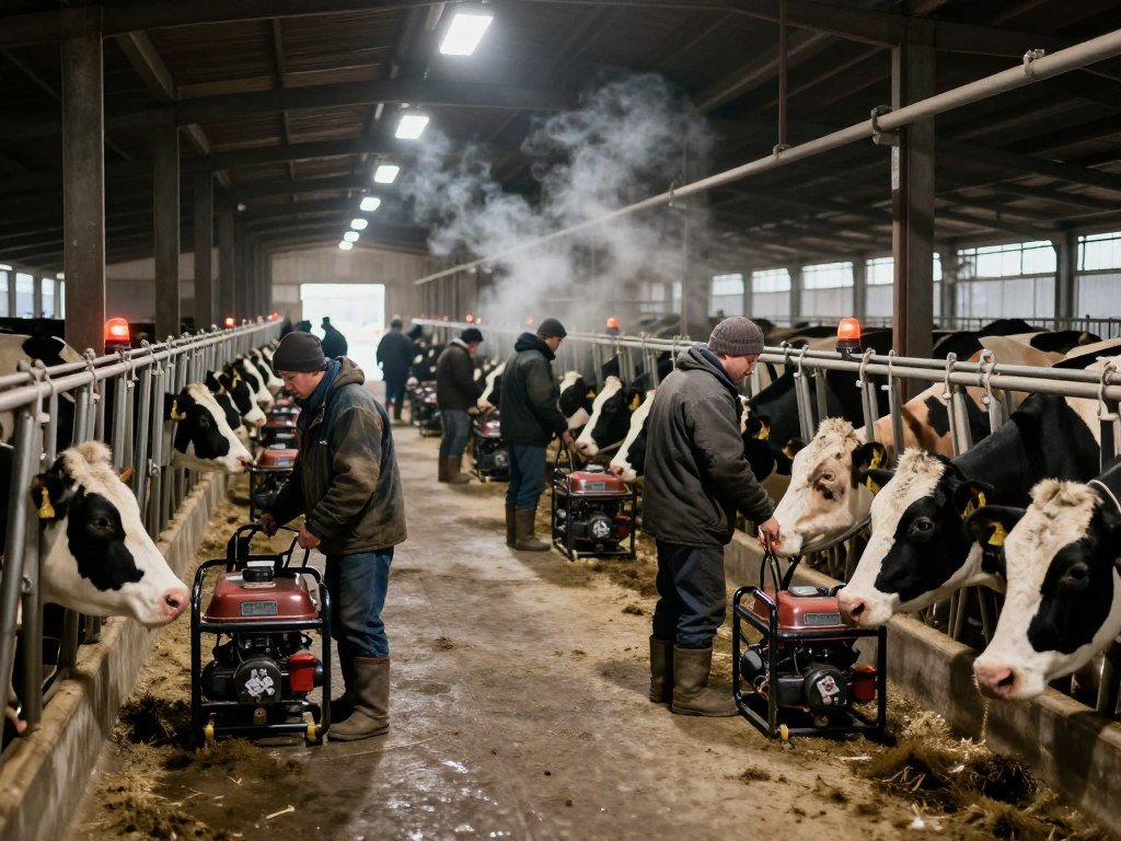 Dairy farm emergency operations with generators during power outage in Wisconsin during the January 2026 Historic Snowstorm
