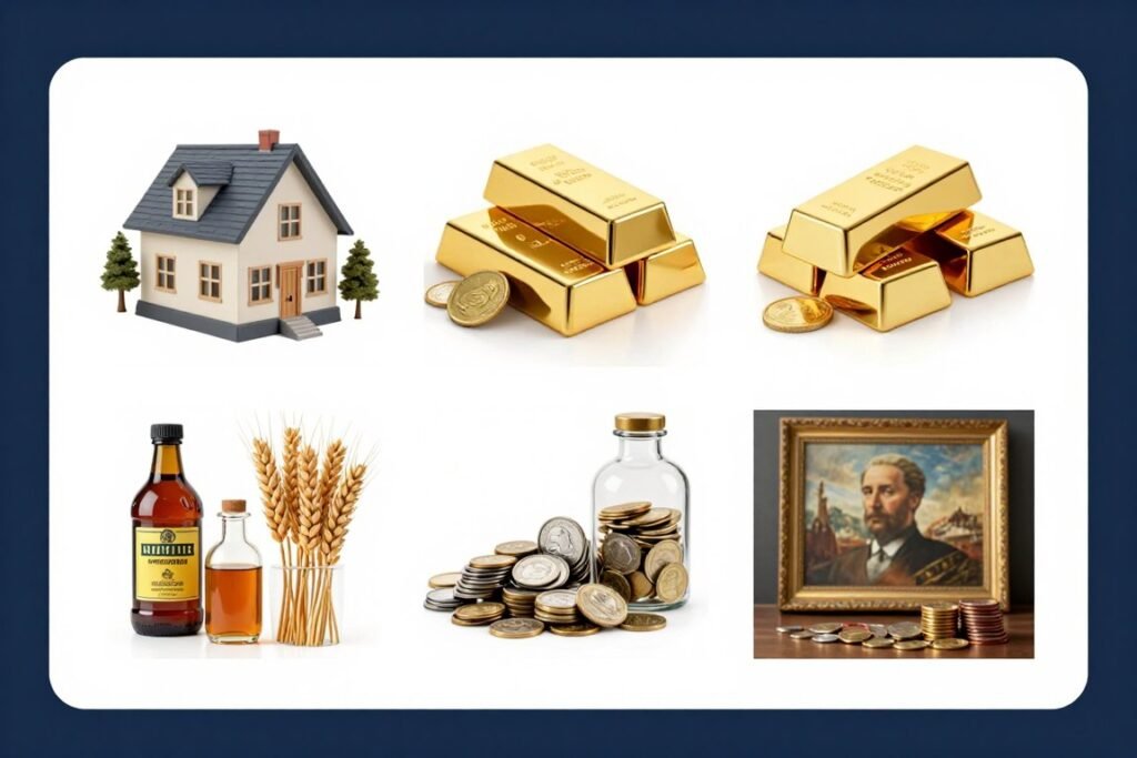 Diverse hard assets including real estate, gold, and commodities as hedges against U.S. dollar weakness