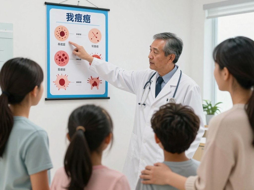 Doctor explaining measles symptoms and prevention to a concerned family in a clinical setting