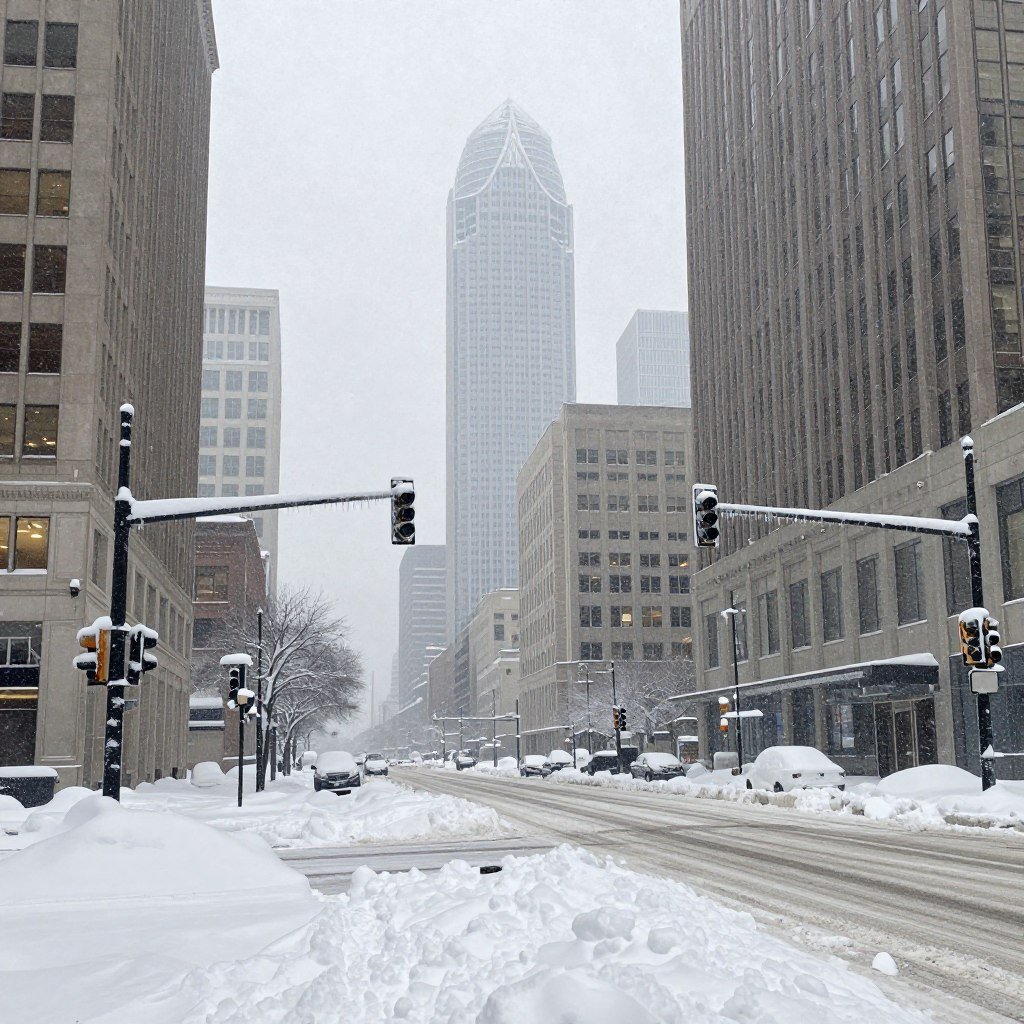 Downtown Dallas skyline during record snowfall in the January 2026 Historic Snowstorm
