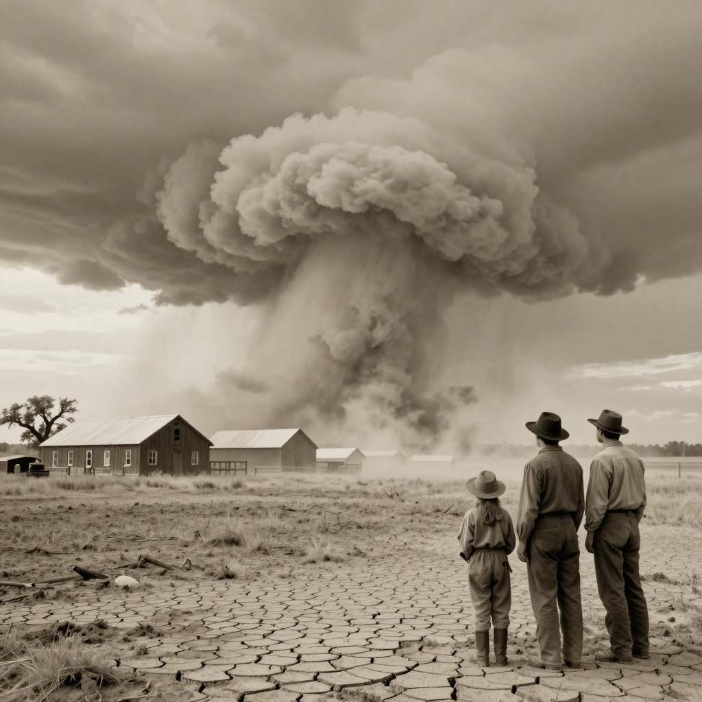 Dust Bowl conditions in 1930s showing severe drought impact from State Weather Record archives