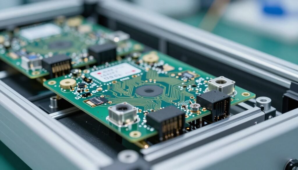 Electronics manufacturing showing silver components with price tags indicating cost increases