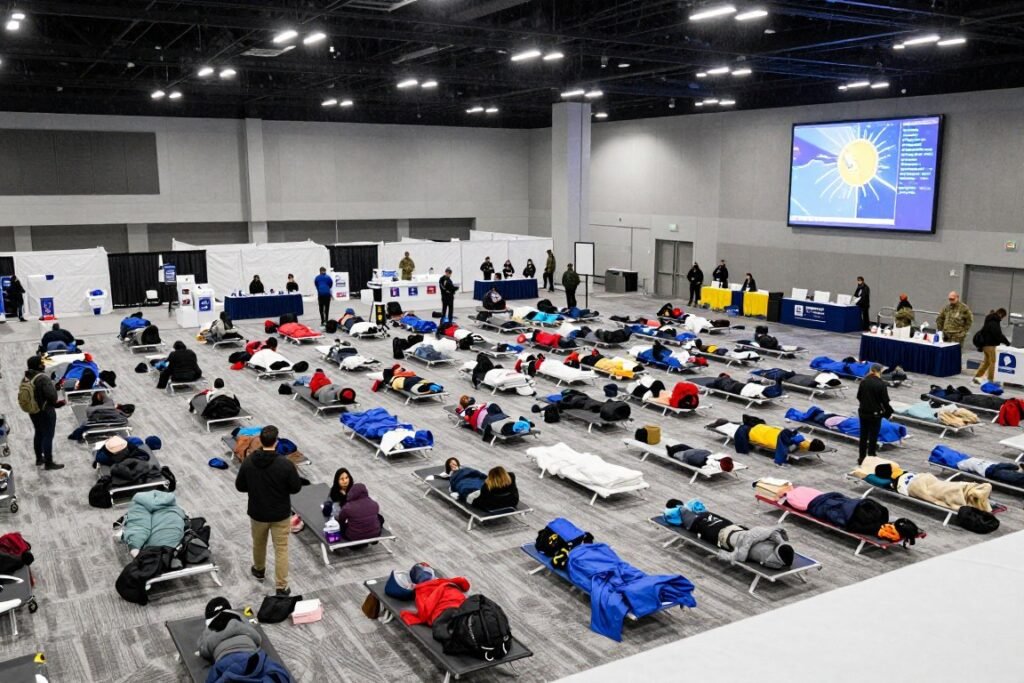 Emergency shelters set up in Atlanta convention center during the January 2026 Historic Snowstorm