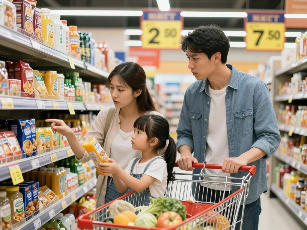 Family shopping with rising prices shown on tags representing impact of U.S. dollar weakness on consumer goods