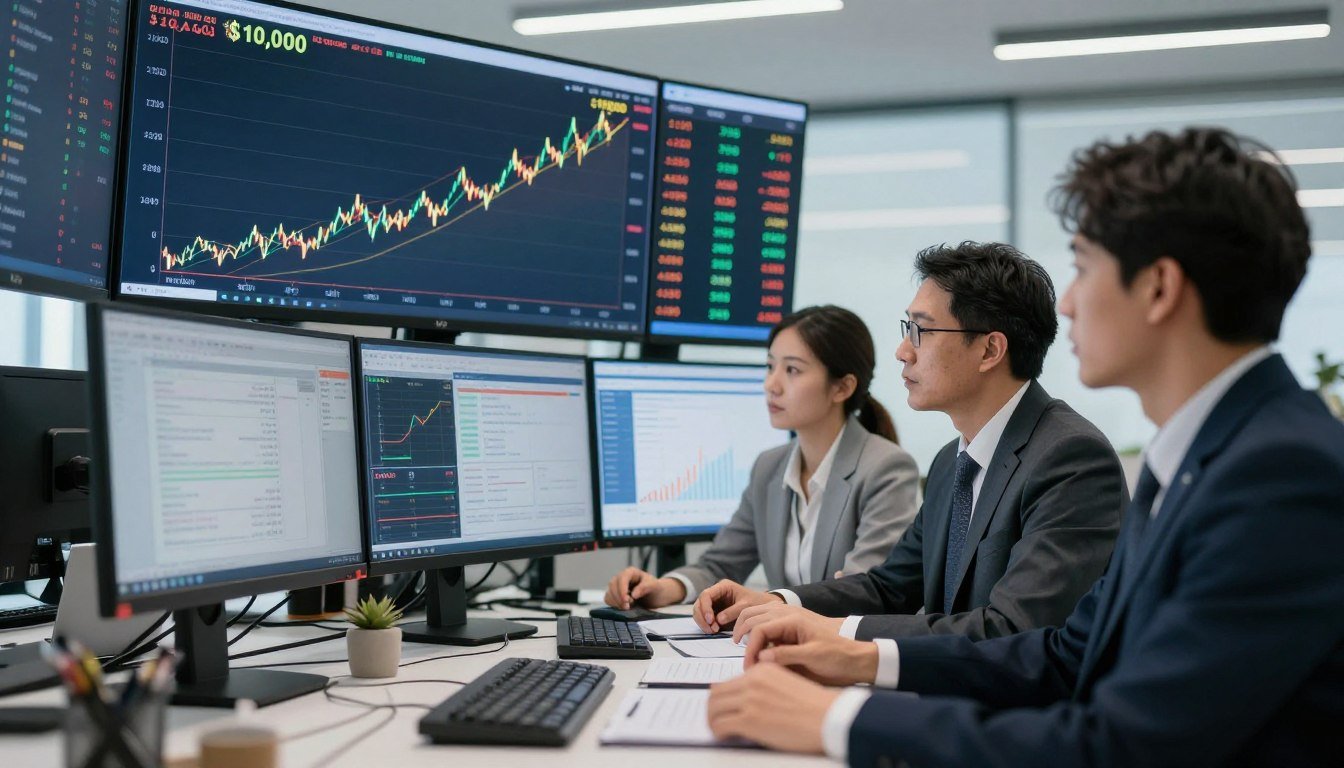 Financial analysts discussing gold price charts showing potential path to $10,000 per ounce