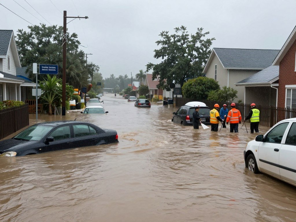 Flooding aftermath from record rainfall event in Hilo, Hawaii, showing State Weather Record impact