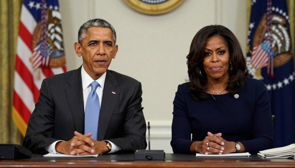 Former President Barack Obama and Michelle Obama making a statement about the Minneapolis incident