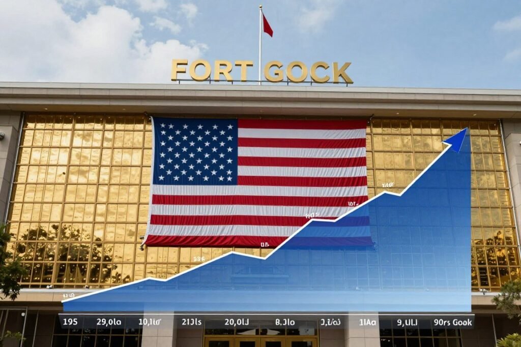 Fort Knox gold depository with American flag and financial data visualization showing increased valuation of US gold reserves