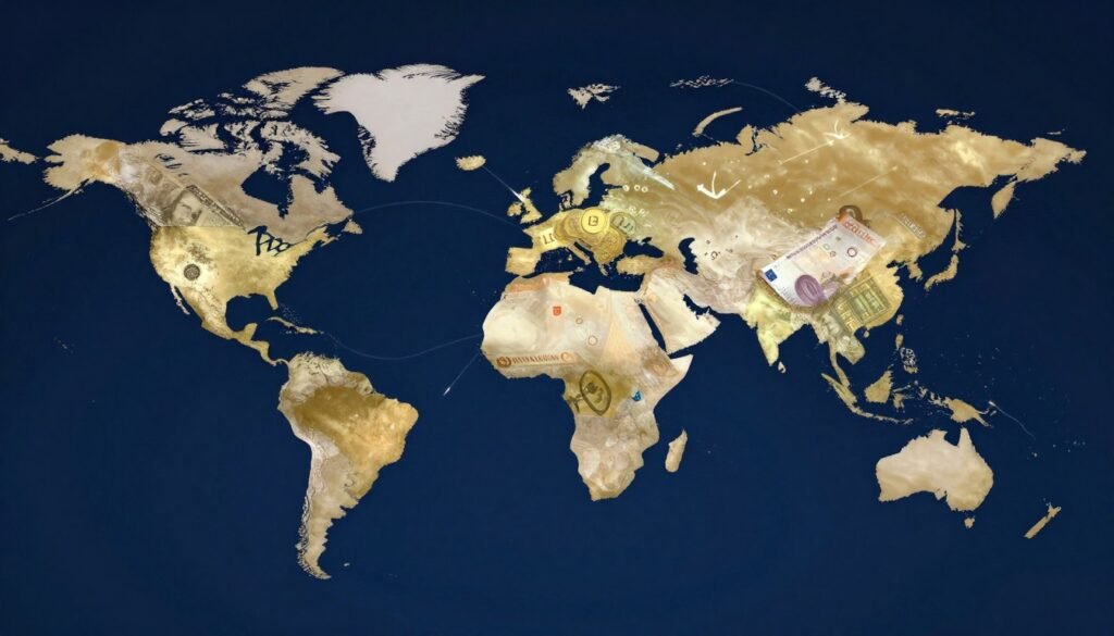 Futuristic visualization of global currency landscape with U.S. dollar among other major currencies