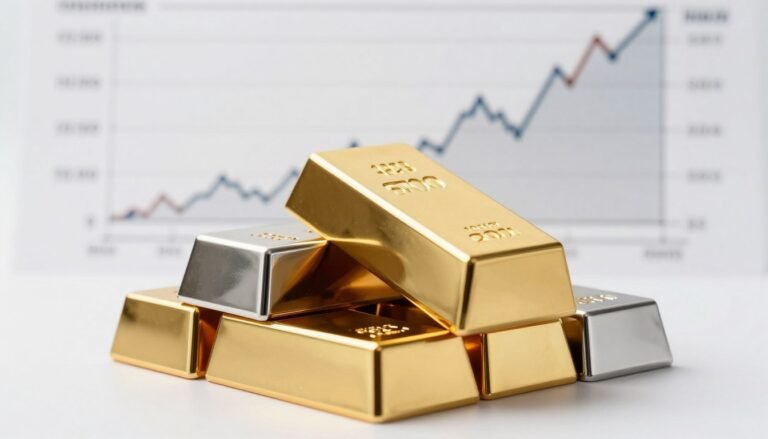 Gold and silver bars stacked with price charts showing upward trends in the background