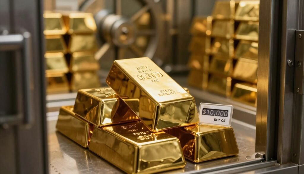 Gold bars with $10,000 price tag in a secure vault setting