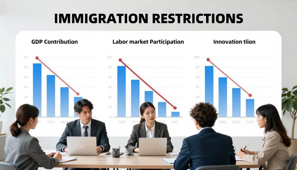 Graph showing declining economic indicators related to immigration restrictions, with business professionals analyzing data