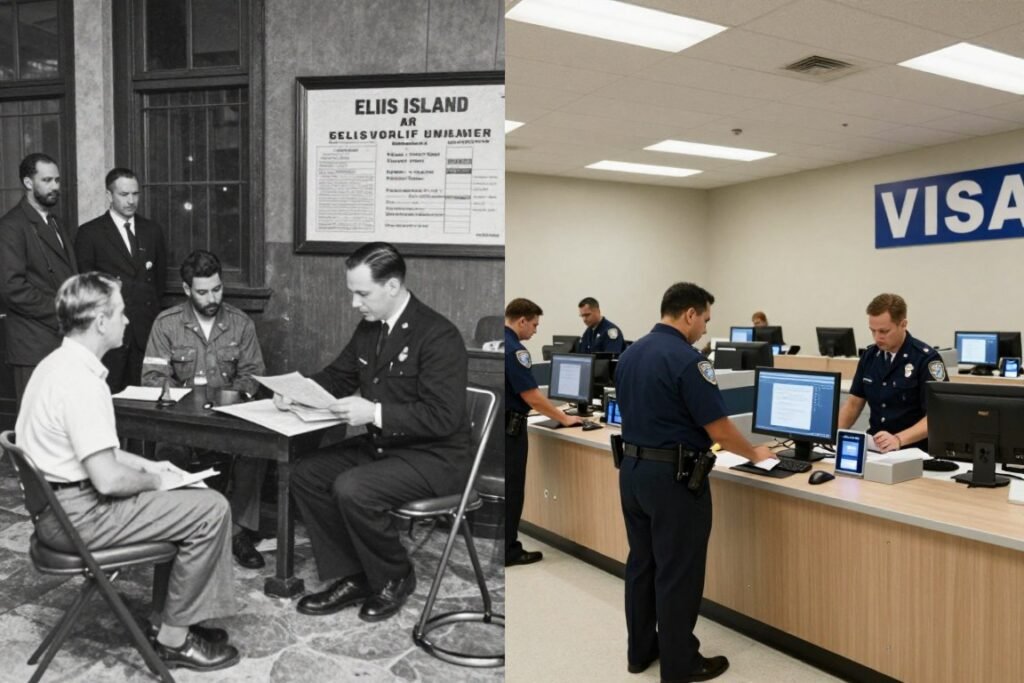 Historical immigration processing at Ellis Island juxtaposed with modern visa processing center