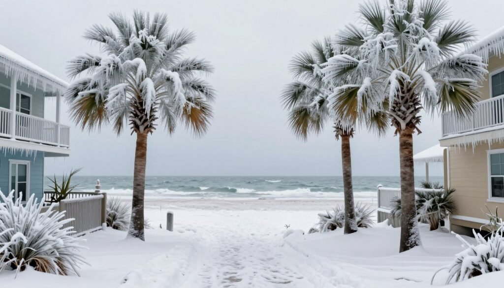 Ice-covered palm trees and beaches in Florida during the January 2026 Historic Snowstorm