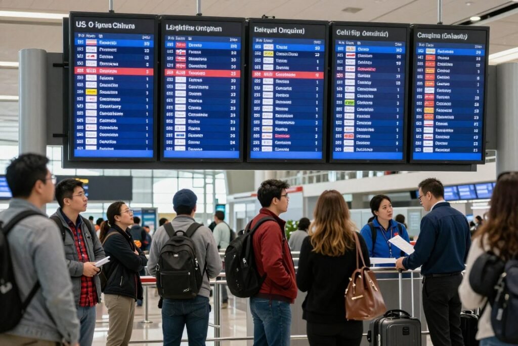 International airport with travelers looking at flight information boards showing multiple canceled flights to the U.S.