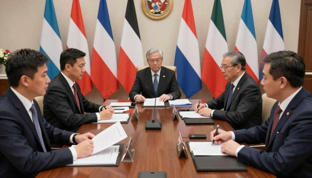 International diplomatic meeting discussing the 75-Nation U.S. Visa Policy with representatives from multiple countries