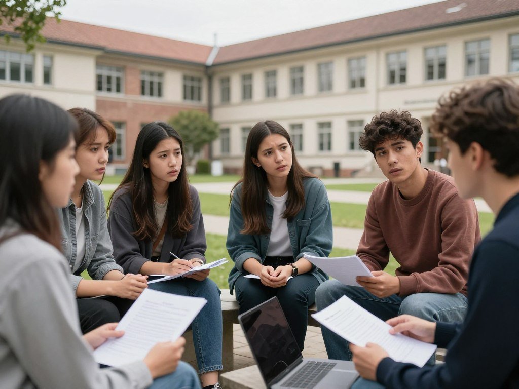 International students and workers discussing visa challenges on a university campus