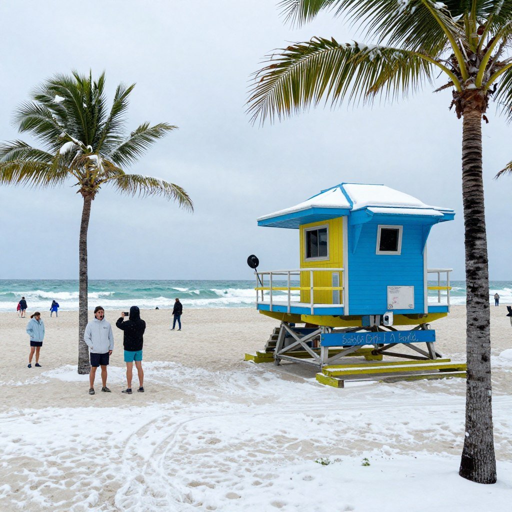Miami Beach covered in light snow during the January 2026 Historic Snowstorm