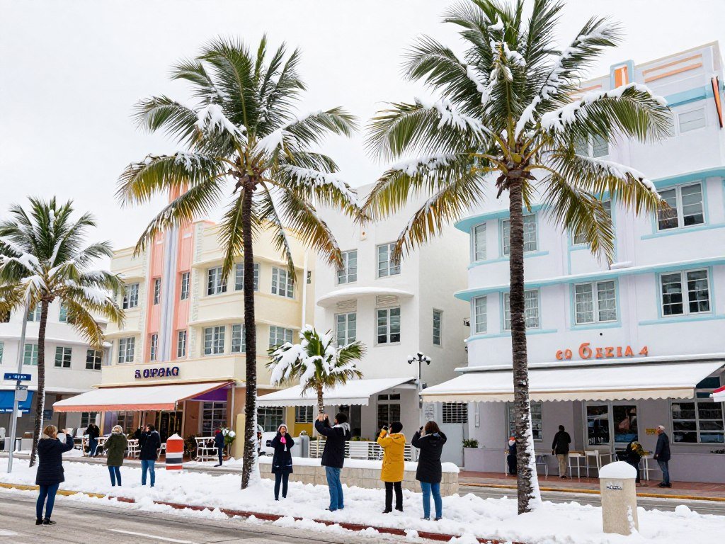 Palm trees covered in snow in Miami during the unprecedented January 2026 Historic Snowstorm
