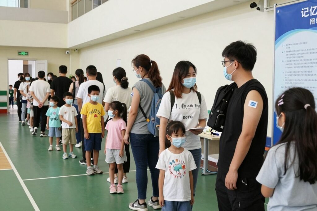 Parents with children waiting in line at a vaccination clinic during the South Carolina measles outbreak response