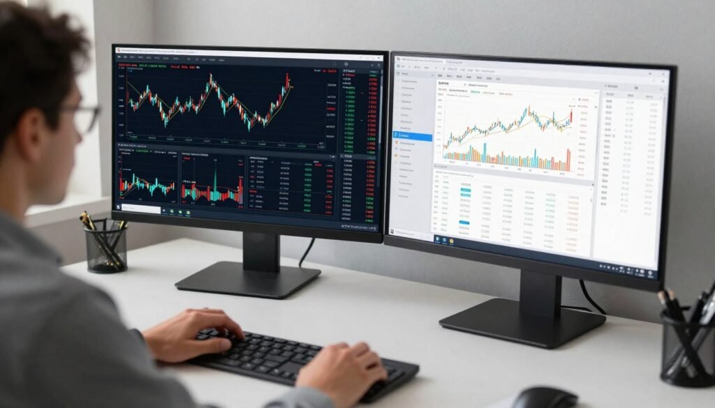 Person researching gold and silver markets on multiple screens showing various data sources and analysis
