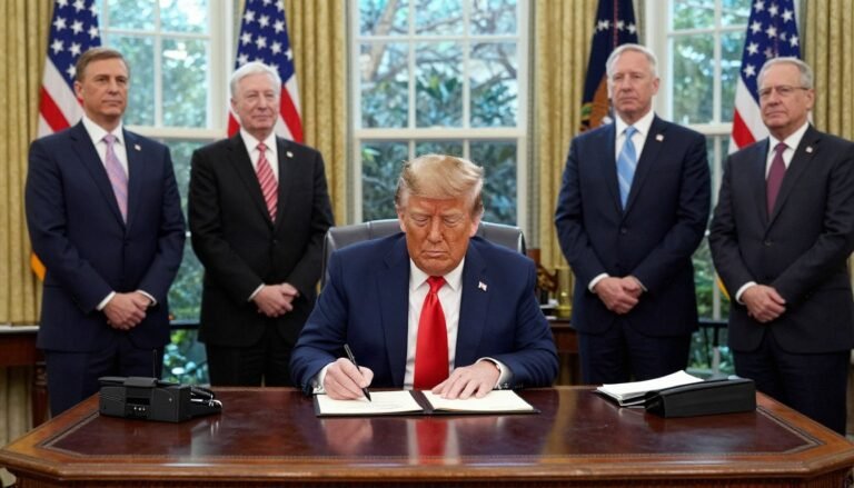 President Trump signing America First trade policy document with advisors