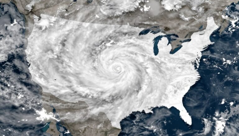Satellite view of the January 2026 Historic Snowstorm covering the continental United States with massive cloud formation