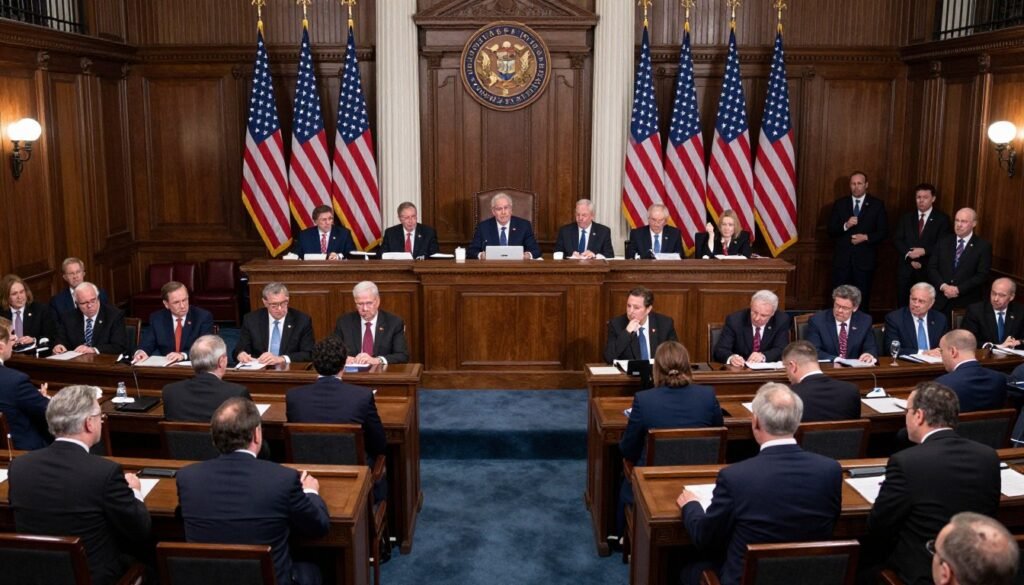 Senate chamber with Democrats and Republicans visibly divided during debate