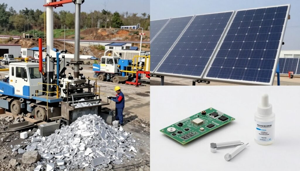 Silver mining operation with industrial applications of silver shown in a split image including solar panels and electronics