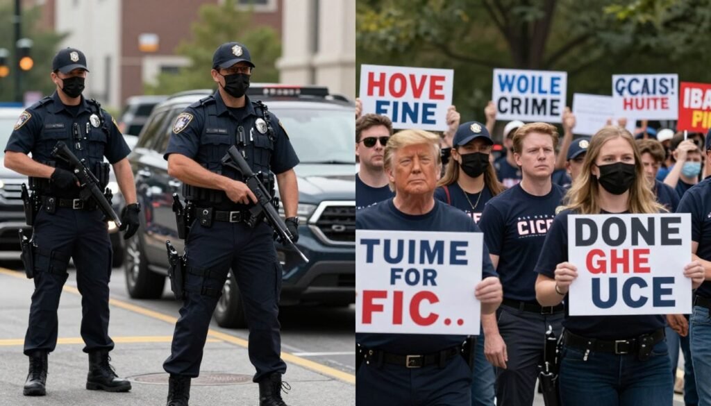 Split image showing Trump's immigration policy in action and protesters