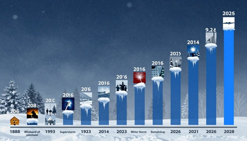 Timeline comparison of major US winter storms with the January 2026 Historic Snowstorm towering above previous records