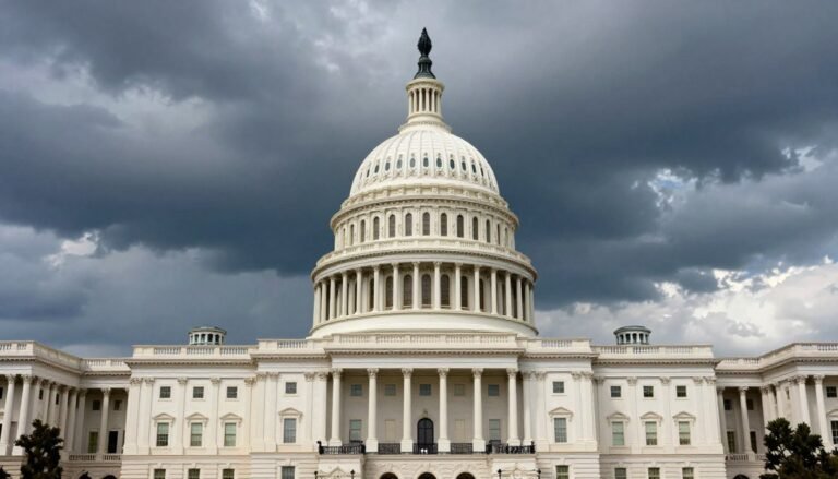 U.S. Capitol building with storm clouds gathering, symbolizing the potential government shutdown crisis