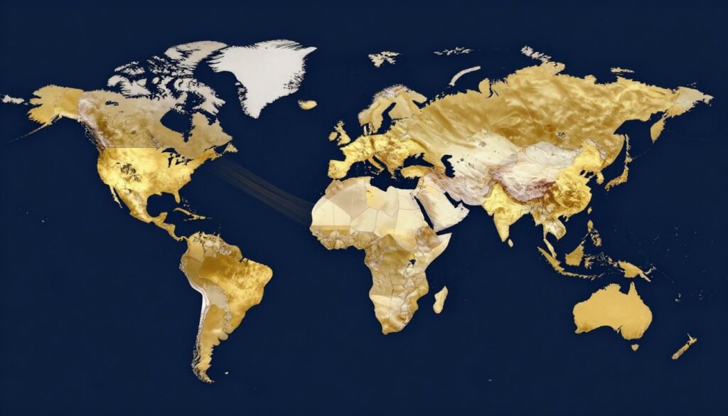 World map highlighting countries with largest gold reserves with visual representation of changing power dynamics