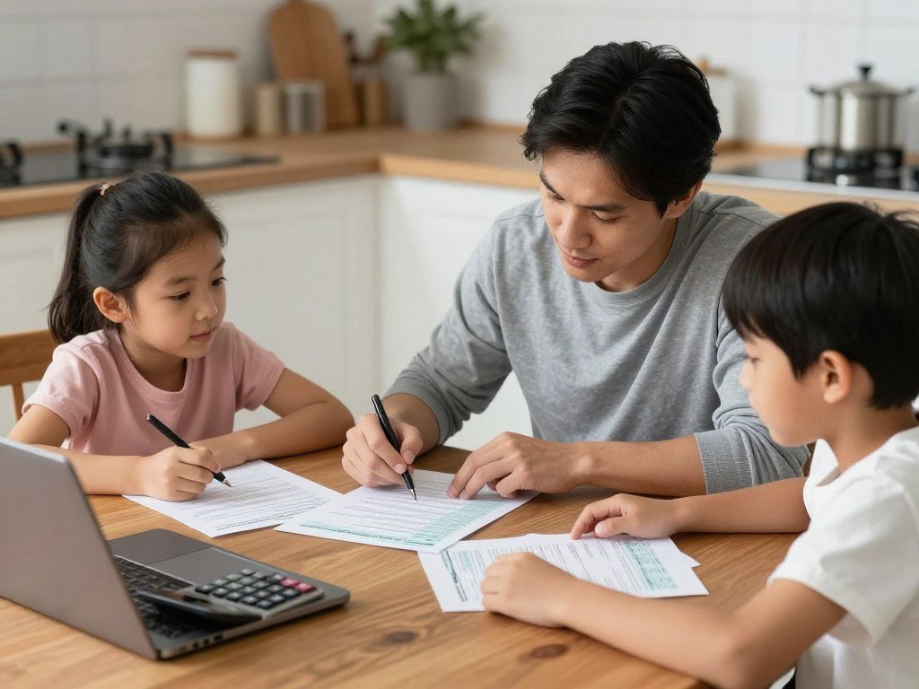 American family reviewing federal tax policy documents and planning finances