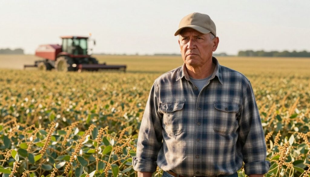 American farmer in soybean field showing concern